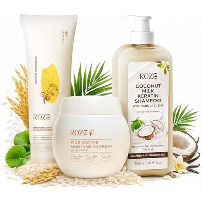 ROZE BUNDLE PACK | RICE CLEANSER | RICE MOISTURIZER | COCONUT MILK KERATIN SHAMPOO - Image 1